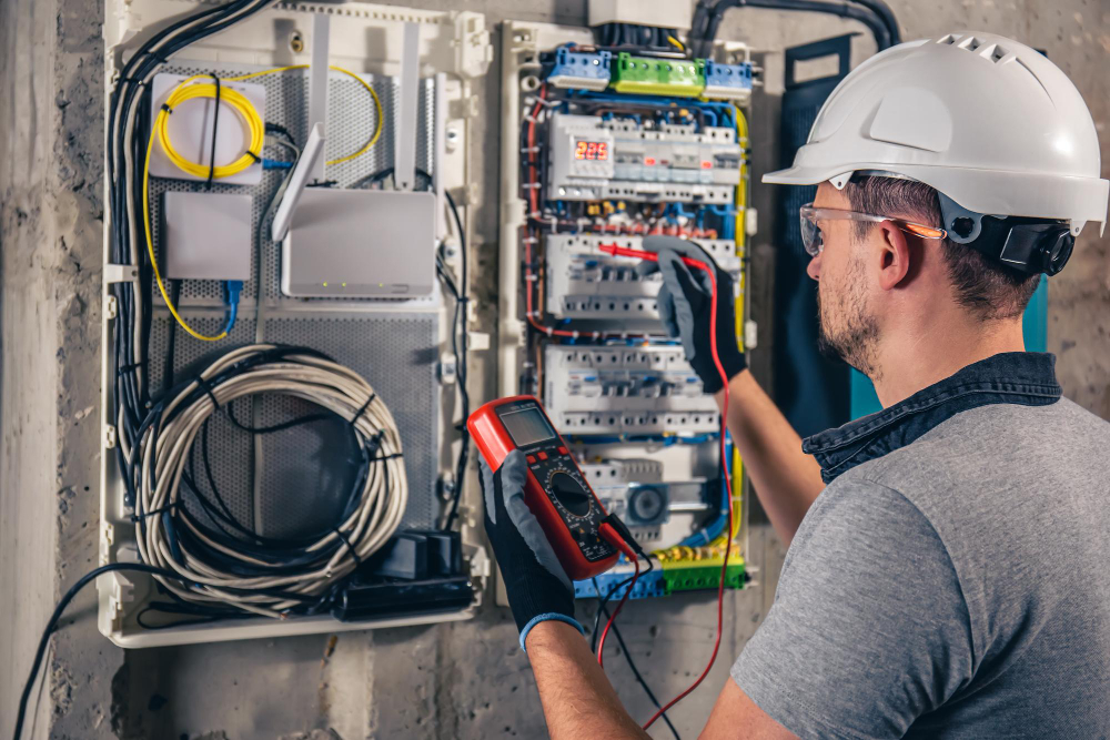 electrical technician working in a switchboard with fuses