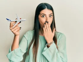 A woman holds a toy airplane in her right hand and looks up in surprise