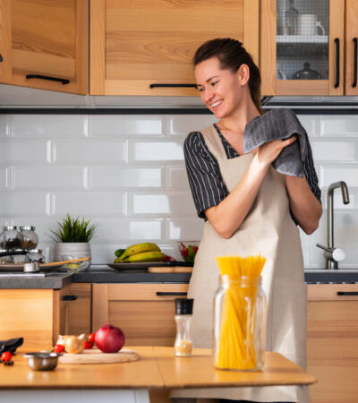 smiley woman at home kitchen