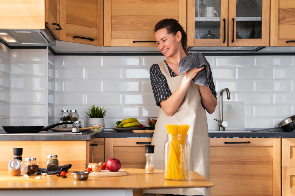smiley woman at home kitchen