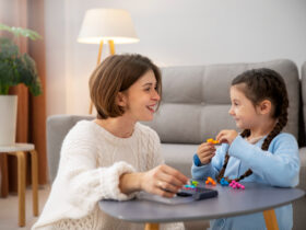 mother and kid playing memory game