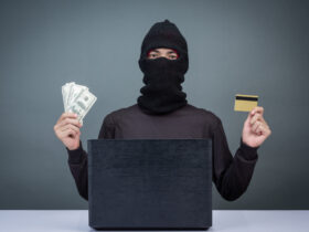 Thieves hold credit cards using a laptop