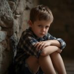 Sad boy sitting alone by a stone wall indoors,