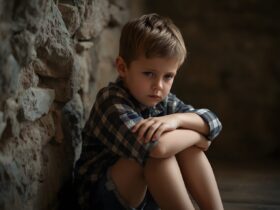 Sad boy sitting alone by a stone wall indoors,