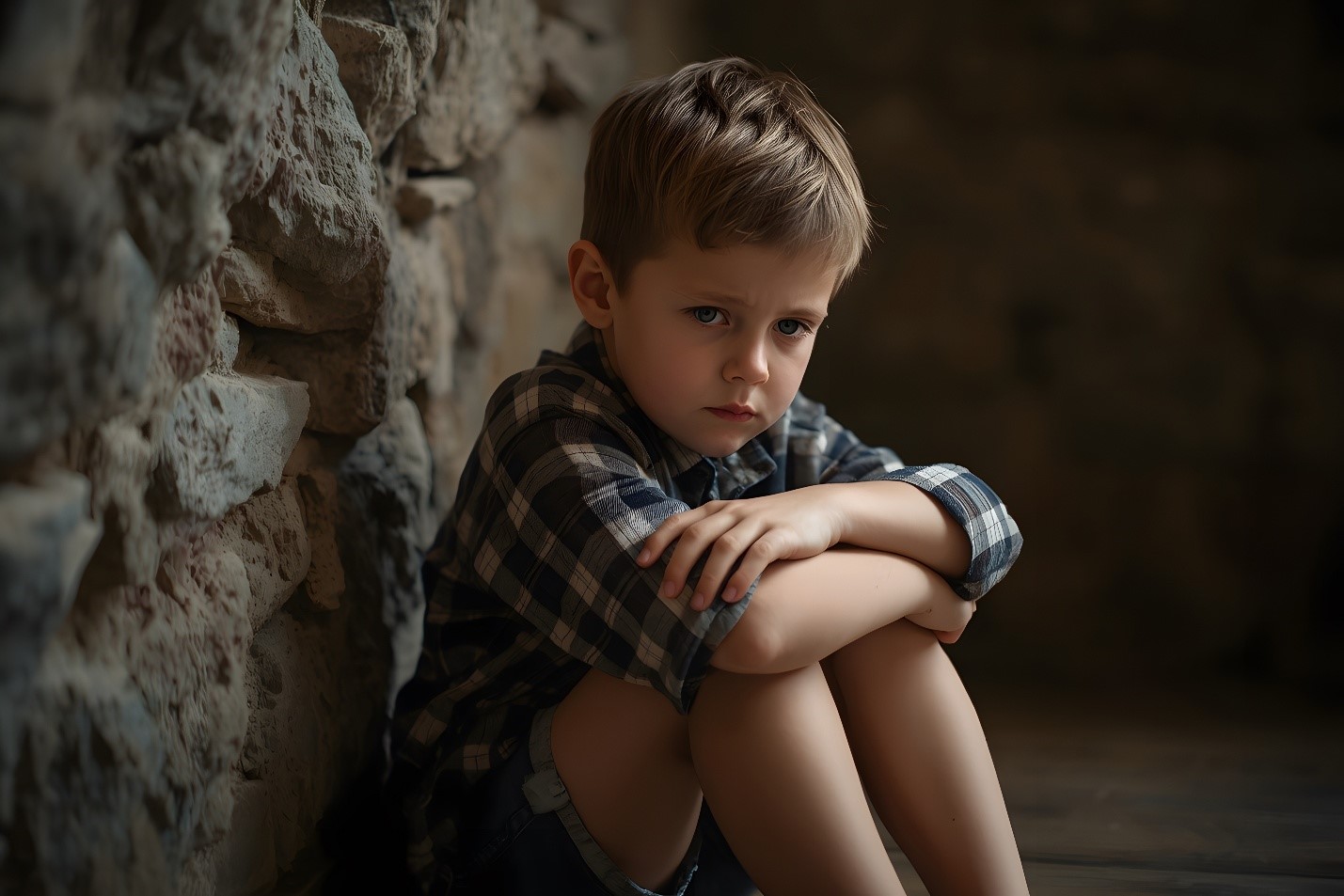 Sad boy sitting alone by a stone wall indoors,